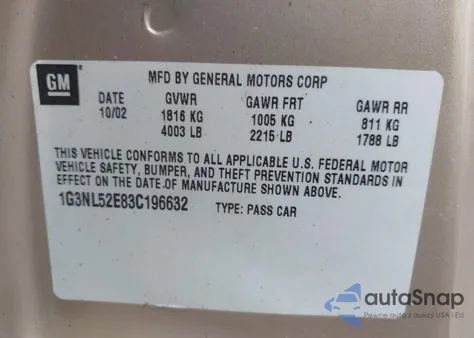 2003 Oldsmobile Alero Gl z USA, uszkodzony, nr VIN 1G3NL52E83C196632